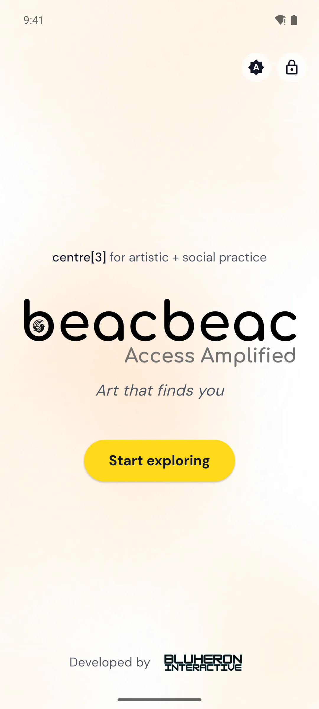 The beacbeac app splash screen: the wordmark with 'Access Amplified' and the tagline 'Art that finds you', presented by centre[3] for artistic + social practice