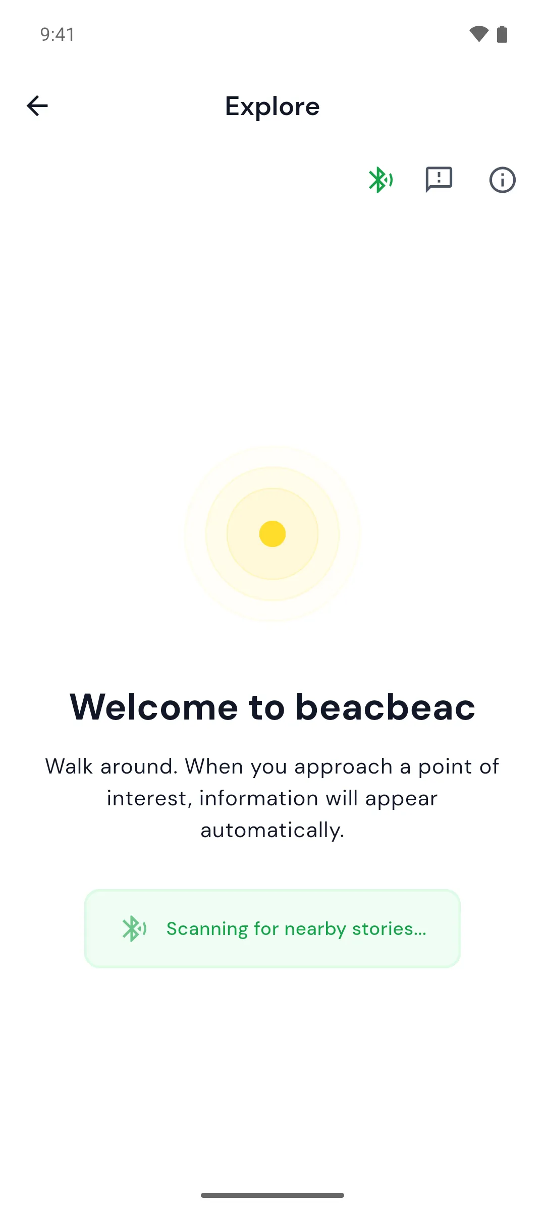 The beacbeac app scanning for nearby stories: 'Welcome to beacbeac — walk around, and when you approach an artwork, information will appear automatically.'