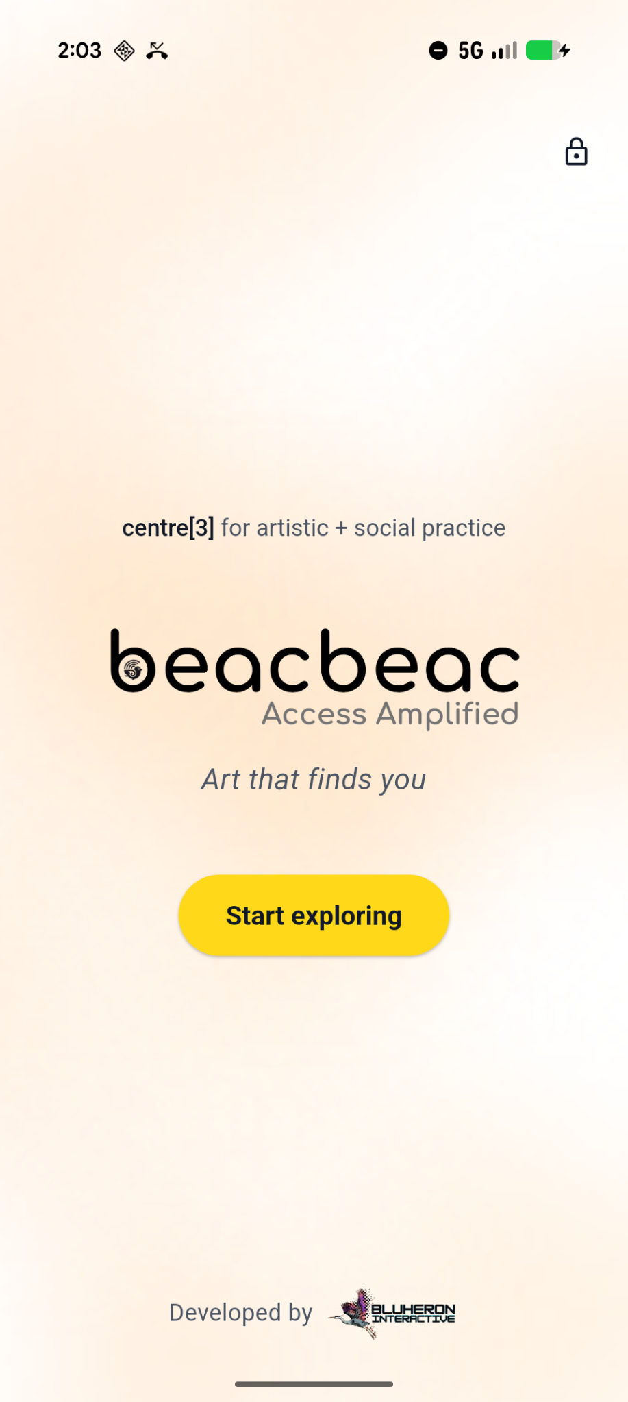 The beacbeac app splash screen: the wordmark with 'Access Amplified' and the tagline 'Art that finds you', presented by centre[3] for artistic + social practice