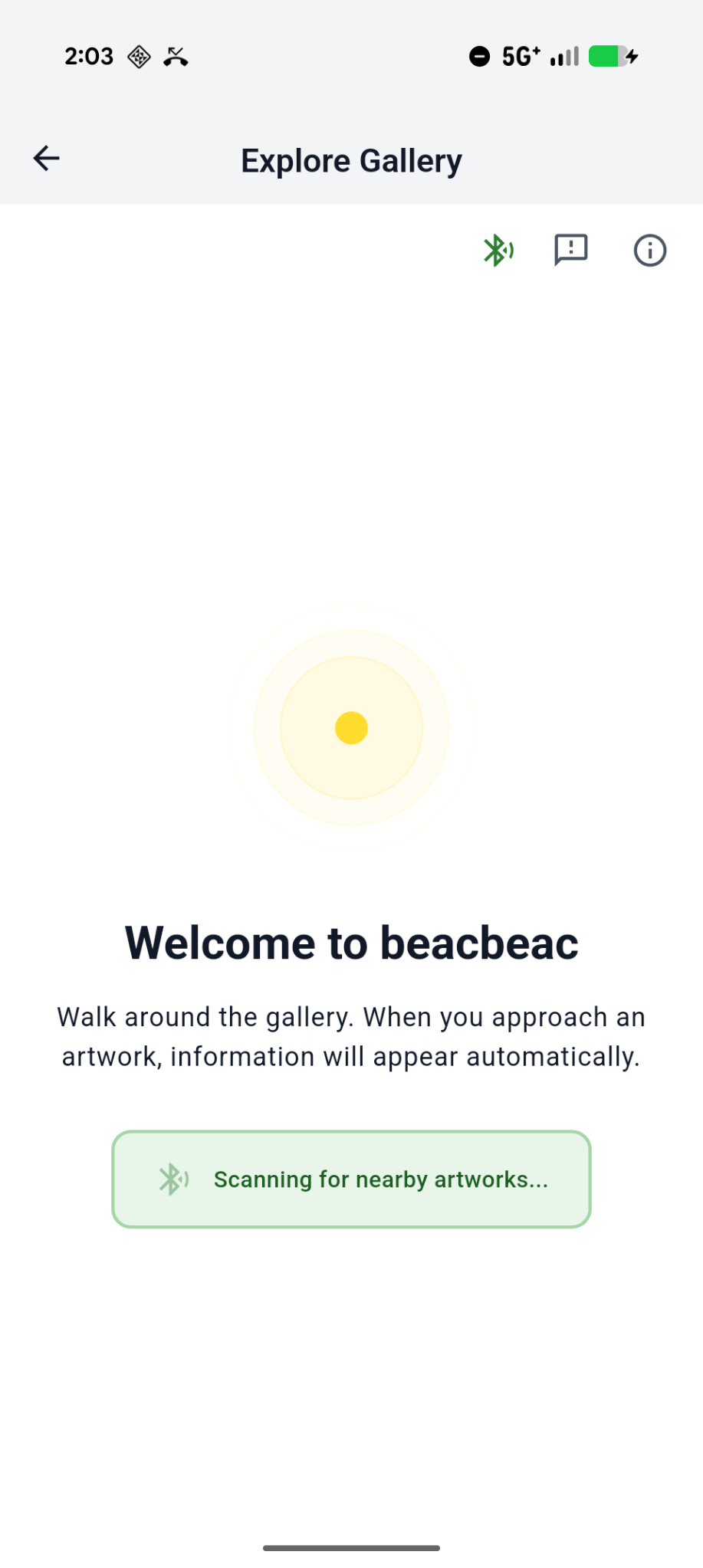 The beacbeac app scanning for nearby stories: 'Welcome to beacbeac — walk around, and when you approach an artwork, information will appear automatically.'